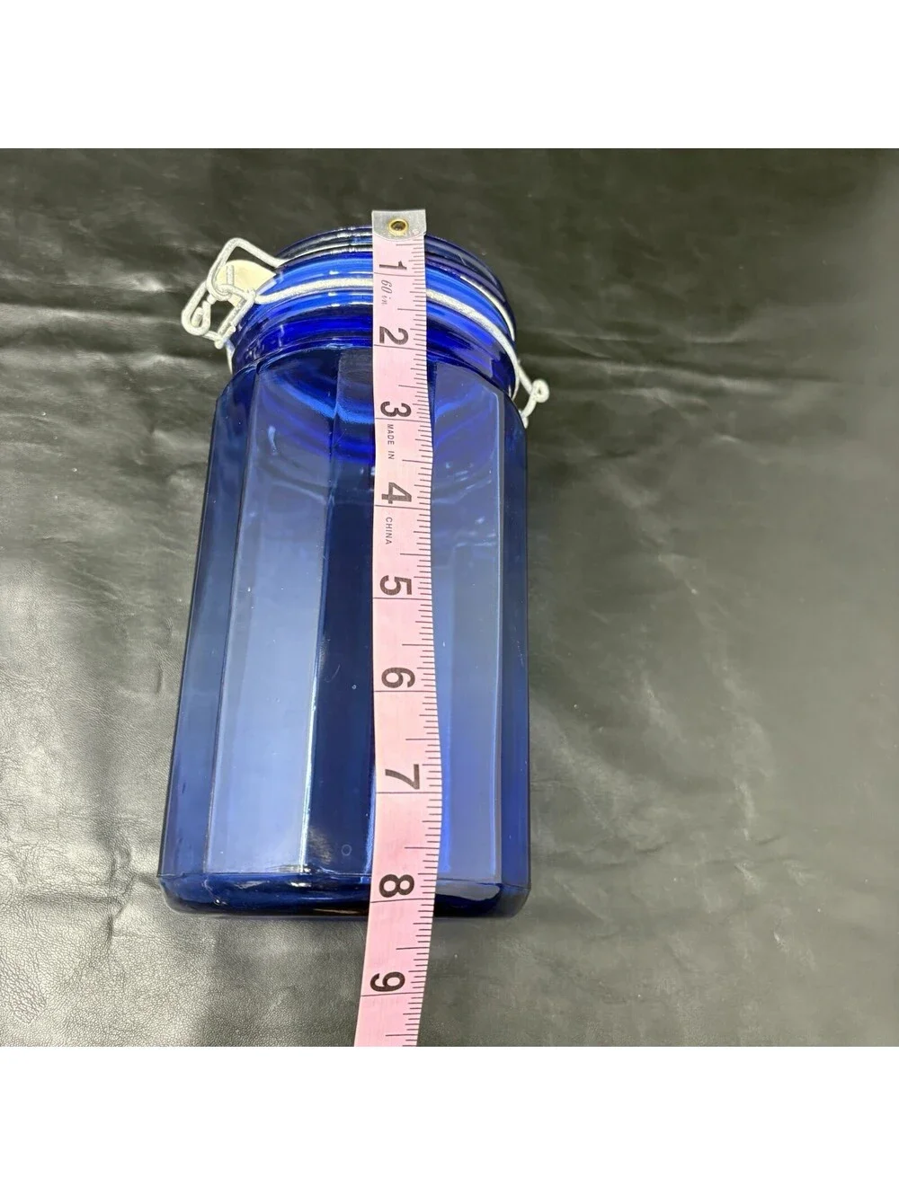 Cobalt Blue Jar Glass Storage Holder With Attached Wire Locking Lid 8” Tall